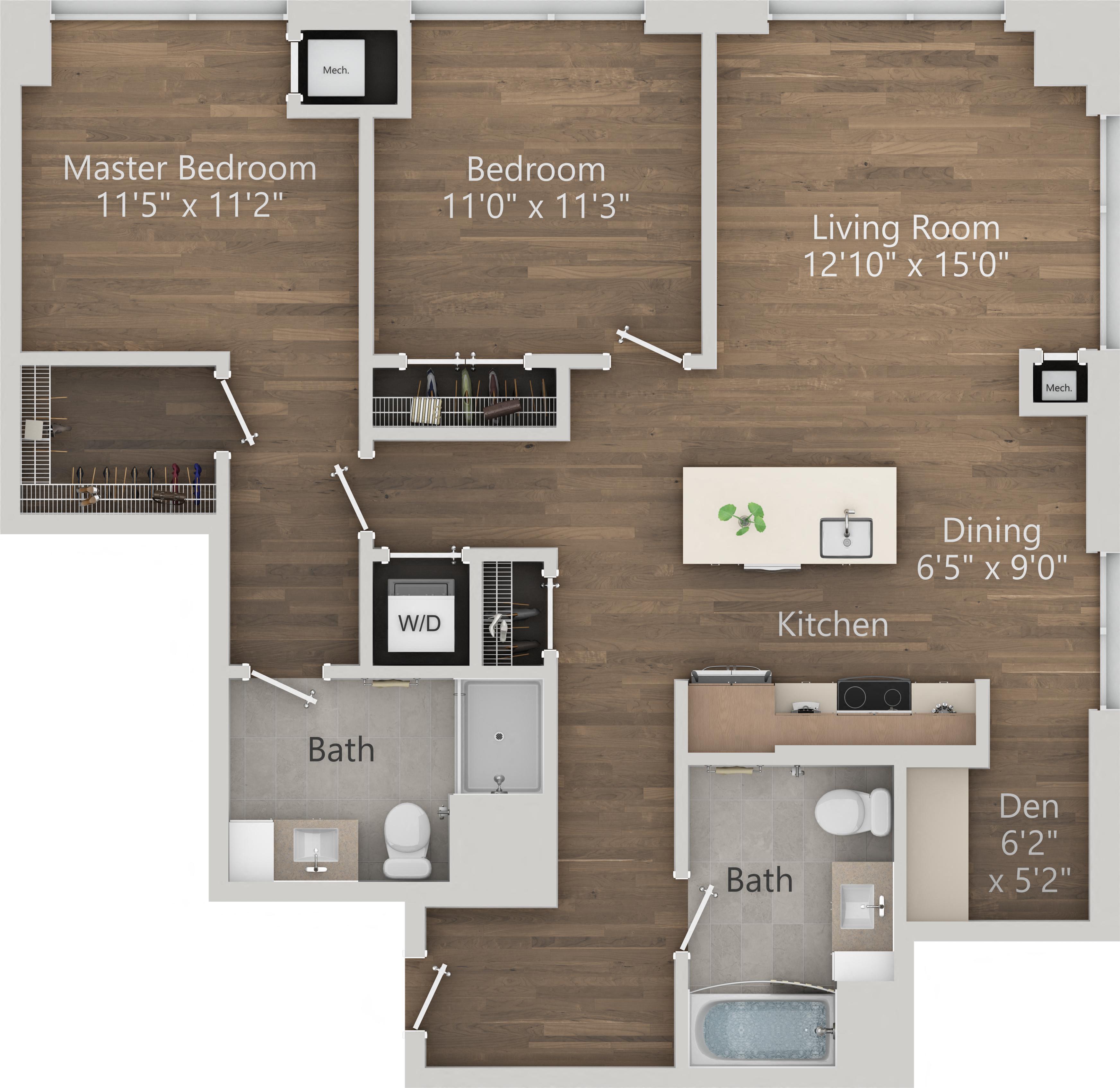 Floor plan for 2 beds, 2 baths, 1098 sqft